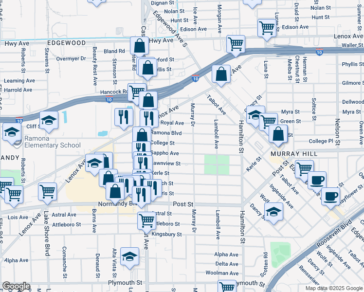 map of restaurants, bars, coffee shops, grocery stores, and more near 4730 College Street in Jacksonville