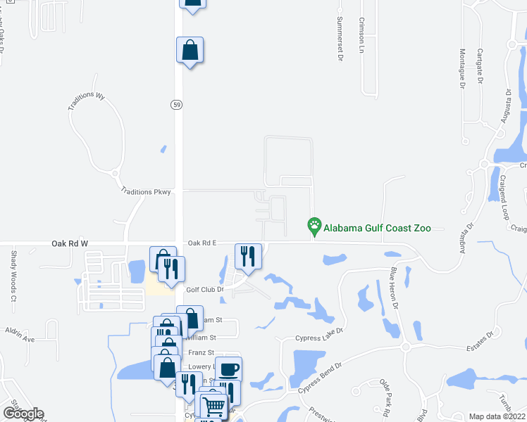 map of restaurants, bars, coffee shops, grocery stores, and more near 6194 Alabama 59 in Gulf Shores