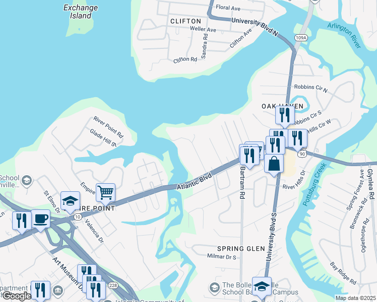 map of restaurants, bars, coffee shops, grocery stores, and more near 1334 Campbell Avenue in Jacksonville
