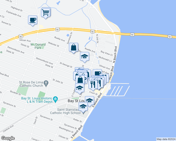 map of restaurants, bars, coffee shops, grocery stores, and more near 306 North 2nd Street in Bay St. Louis