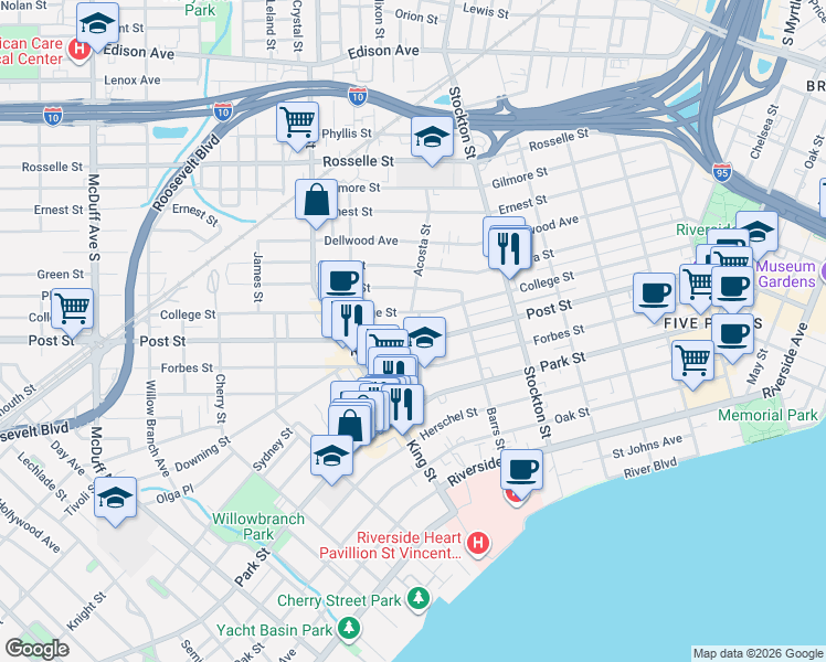map of restaurants, bars, coffee shops, grocery stores, and more near 2627 Post Street in Jacksonville