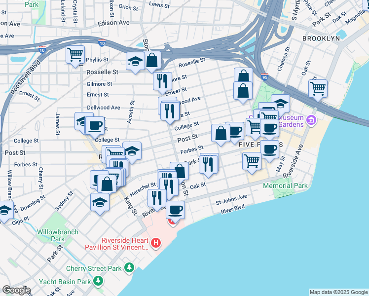 map of restaurants, bars, coffee shops, grocery stores, and more near 2335 Forbes Street in Jacksonville