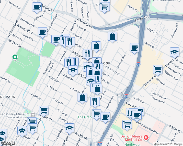 map of restaurants, bars, coffee shops, grocery stores, and more near 5112 Caswell Avenue in Austin
