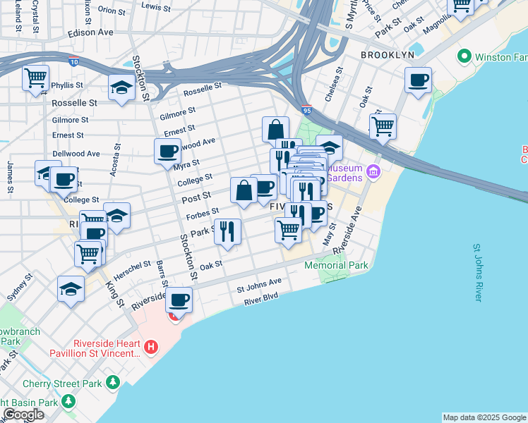 map of restaurants, bars, coffee shops, grocery stores, and more near 2121 Park Street in Jacksonville