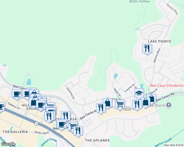 map of restaurants, bars, coffee shops, grocery stores, and more near 12477 Fairfax Ridge Place in Austin