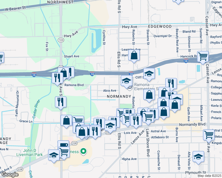 map of restaurants, bars, coffee shops, grocery stores, and more near 727 Ernona Street in Jacksonville