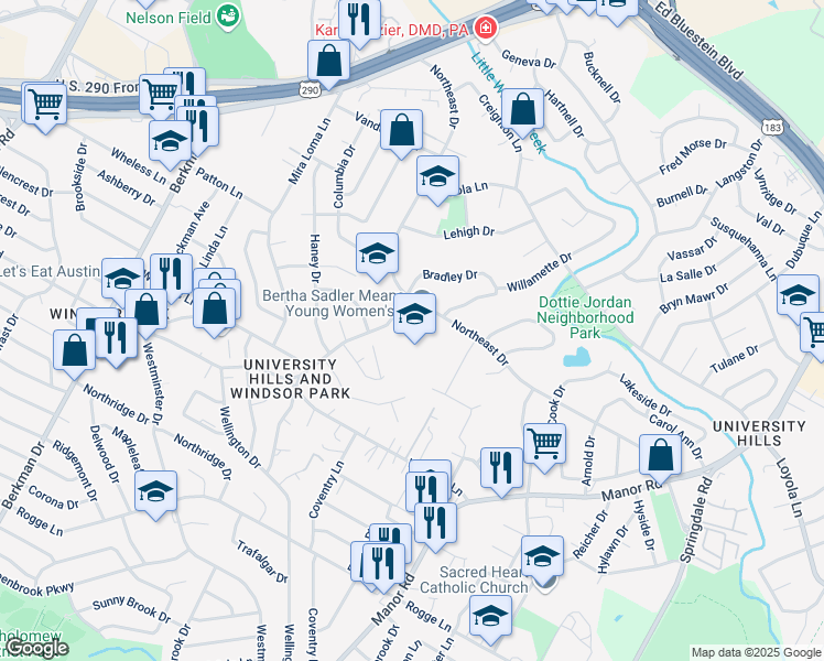 map of restaurants, bars, coffee shops, grocery stores, and more near 6401 North Hampton Drive in Austin