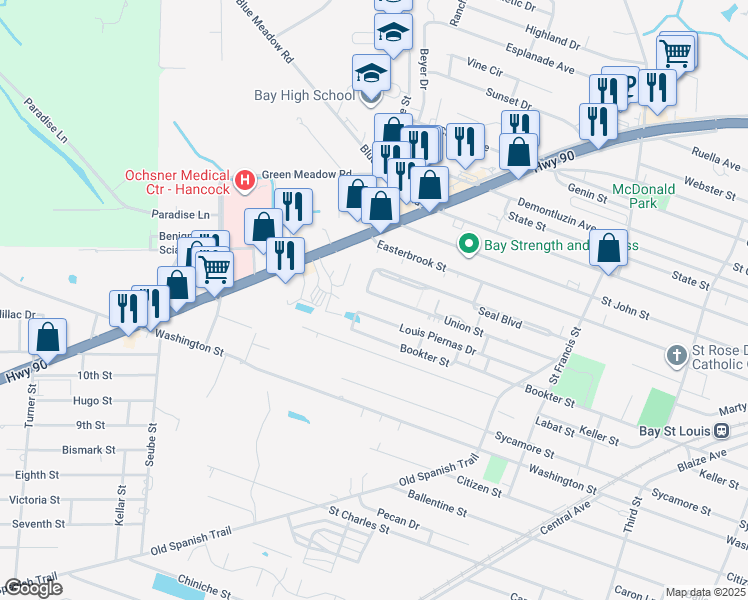 map of restaurants, bars, coffee shops, grocery stores, and more near 720 Union Street in Bay St. Louis