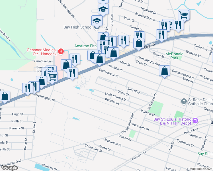 map of restaurants, bars, coffee shops, grocery stores, and more near 707 Union Street in Bay St. Louis