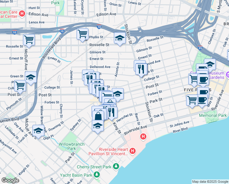 map of restaurants, bars, coffee shops, grocery stores, and more near 2627 Post Street in Jacksonville