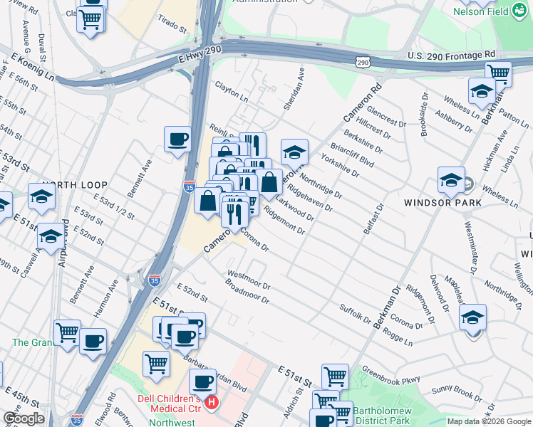 map of restaurants, bars, coffee shops, grocery stores, and more near 1210 Ridgemont Drive in Austin