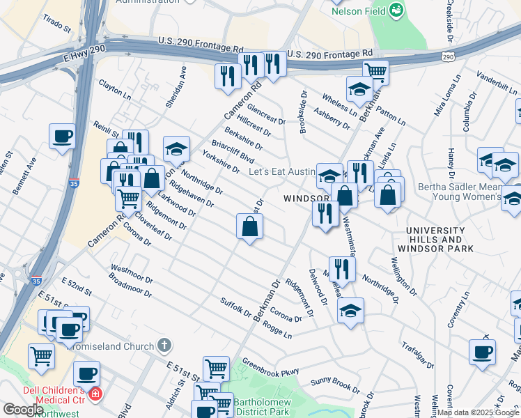 map of restaurants, bars, coffee shops, grocery stores, and more near 1500 Northridge Drive in Austin