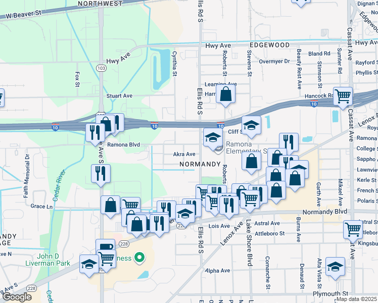 map of restaurants, bars, coffee shops, grocery stores, and more near 5639 Akra Avenue in Jacksonville