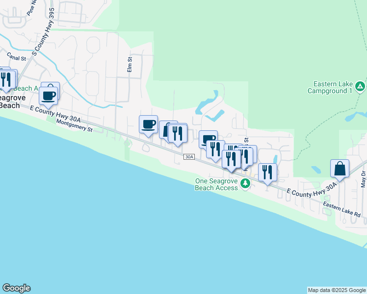 map of restaurants, bars, coffee shops, grocery stores, and more near 3799 West County Highway 30A in Santa Rosa Beach