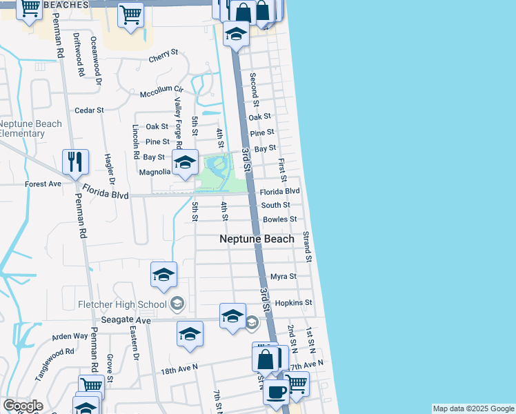 map of restaurants, bars, coffee shops, grocery stores, and more near 223A South Street in Neptune Beach