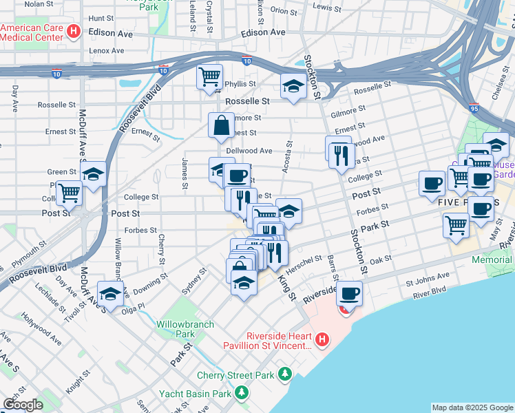 map of restaurants, bars, coffee shops, grocery stores, and more near in Jacksonville