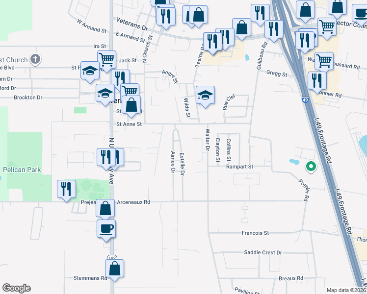 map of restaurants, bars, coffee shops, grocery stores, and more near 213 Estelle Dr in Carencro