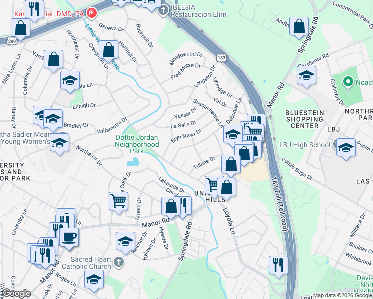 map of restaurants, bars, coffee shops, grocery stores, and more near 6807 Dubuque Lane in Austin