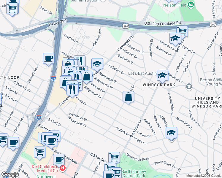 map of restaurants, bars, coffee shops, grocery stores, and more near 1403 Ridgehaven Drive in Austin