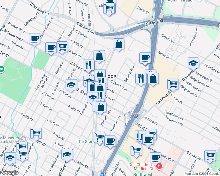 map of restaurants, bars, coffee shops, grocery stores, and more near 908 East 53rd Street in Austin