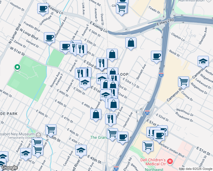 map of restaurants, bars, coffee shops, grocery stores, and more near 5112 Caswell Avenue in Austin