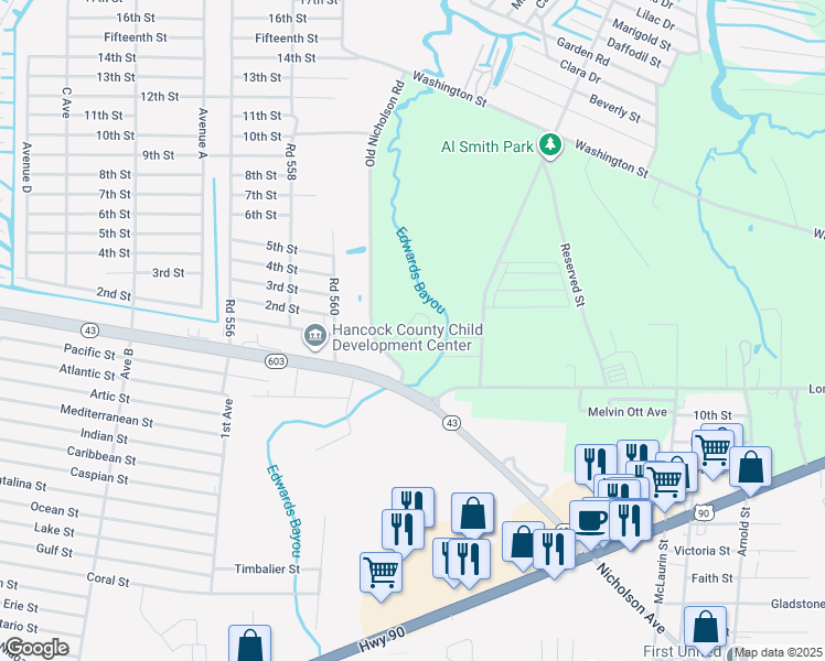 map of restaurants, bars, coffee shops, grocery stores, and more near 100 Waverly Drive in Bay St. Louis