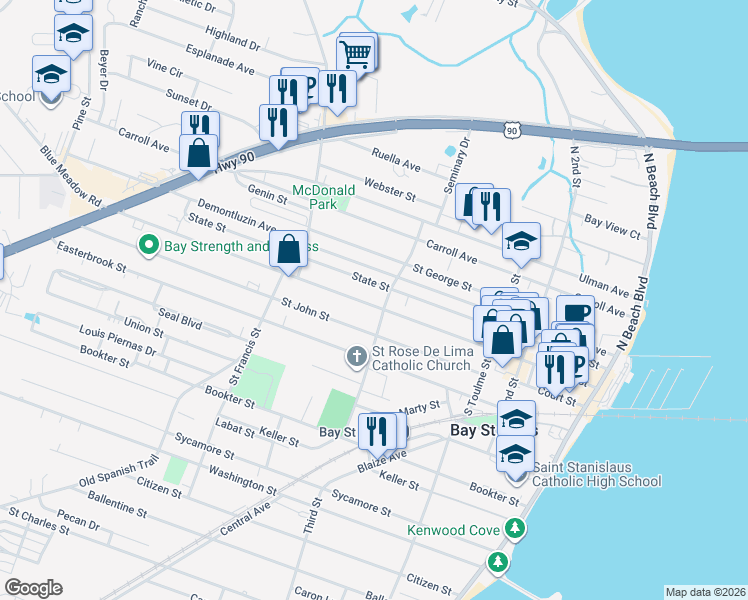 map of restaurants, bars, coffee shops, grocery stores, and more near 403 Main Street in Bay St. Louis