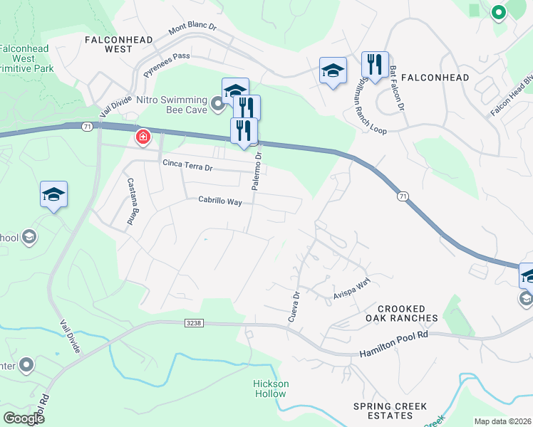 map of restaurants, bars, coffee shops, grocery stores, and more near 15013 Cabrillo Way in Austin