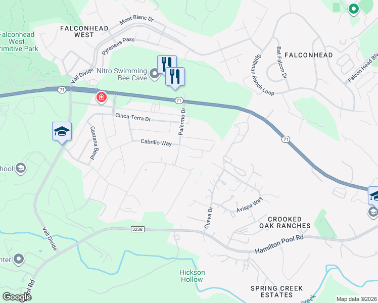 map of restaurants, bars, coffee shops, grocery stores, and more near 15013 Cabrillo Way in Austin