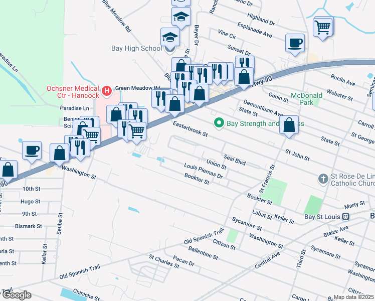 map of restaurants, bars, coffee shops, grocery stores, and more near 707 Union Street in Bay St. Louis