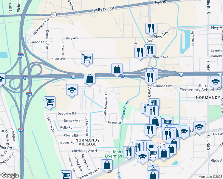 map of restaurants, bars, coffee shops, grocery stores, and more near 702 Bent Baum Road in Jacksonville