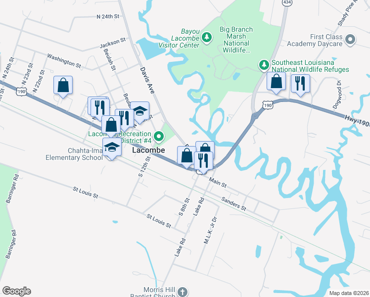 map of restaurants, bars, coffee shops, grocery stores, and more near 61077-61097 Fish Hatchery Road in Lacombe