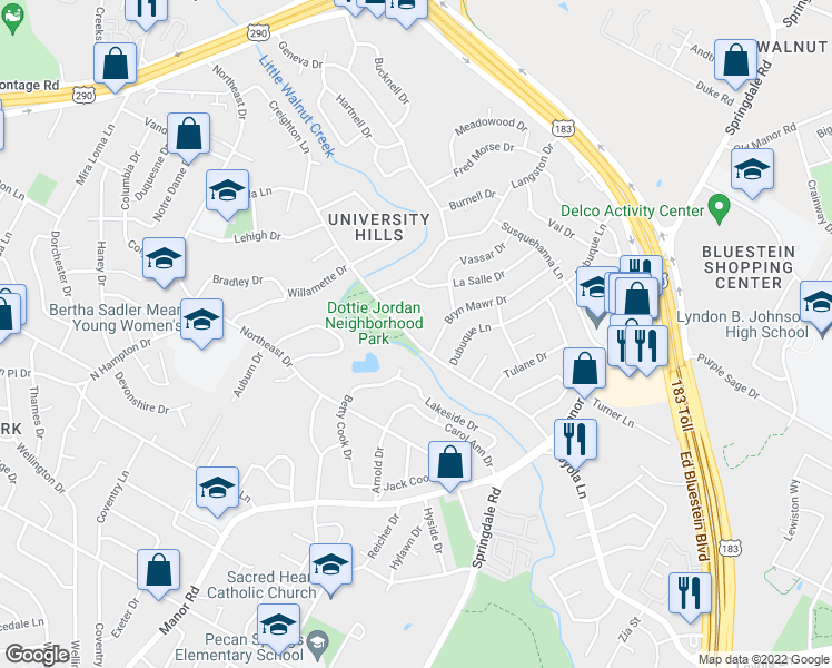 map of restaurants, bars, coffee shops, grocery stores, and more near 2908 Loyola Lane in Austin