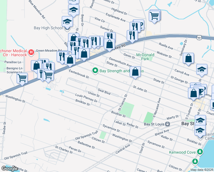 map of restaurants, bars, coffee shops, grocery stores, and more near 532 Easterbrook Street in Bay St. Louis