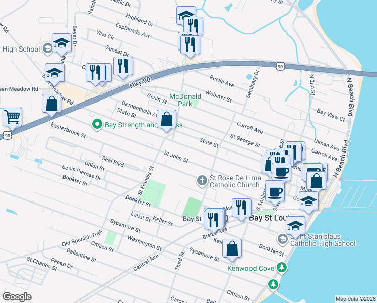 map of restaurants, bars, coffee shops, grocery stores, and more near 424 Main Street in Bay Saint Louis
