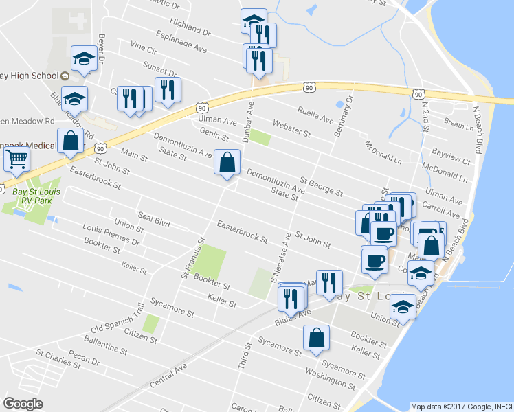 map of restaurants, bars, coffee shops, grocery stores, and more near 424 Main Street in Bay Saint Louis