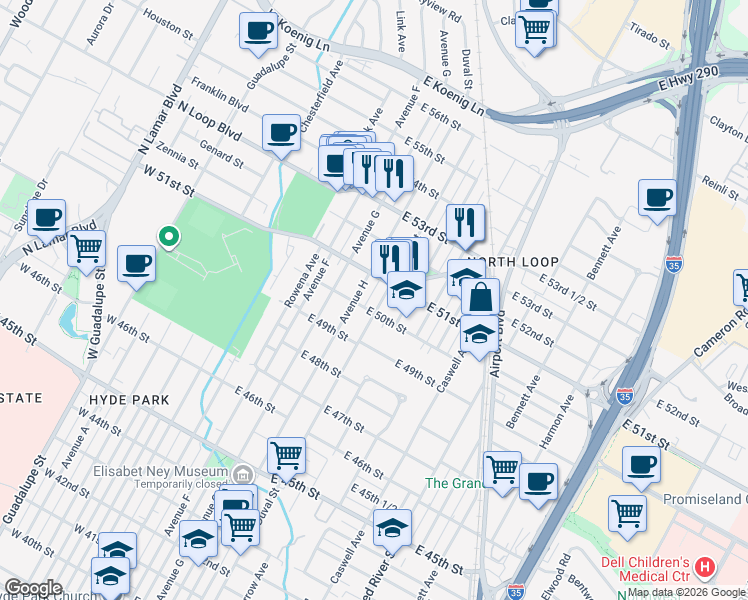 map of restaurants, bars, coffee shops, grocery stores, and more near 5004 Duval Street in Austin
