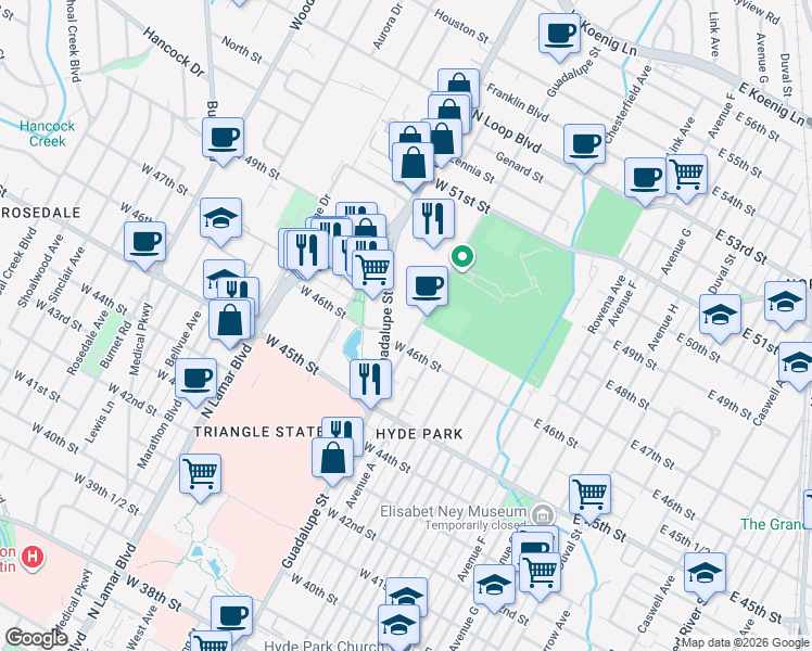 map of restaurants, bars, coffee shops, grocery stores, and more near 4600 Guadalupe Street in Austin