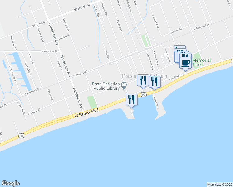 map of restaurants, bars, coffee shops, grocery stores, and more near 216 West Beach Boulevard in Biloxi