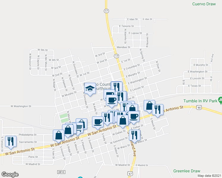 map of restaurants, bars, coffee shops, grocery stores, and more near 112 W Washington St in Marfa
