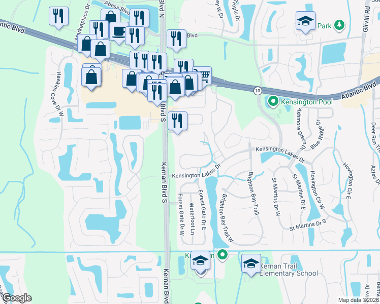 map of restaurants, bars, coffee shops, grocery stores, and more near 12311 Kensington Lakes Drive in Jacksonville
