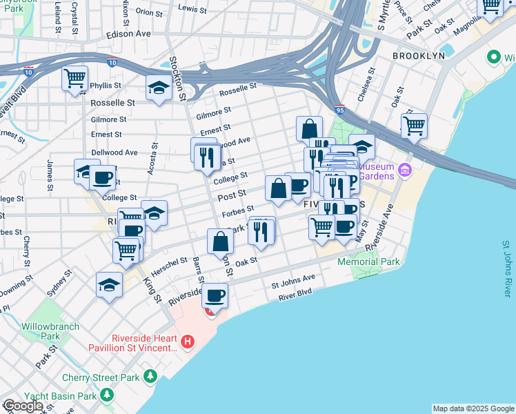 map of restaurants, bars, coffee shops, grocery stores, and more near 1114 Copeland Street in Jacksonville