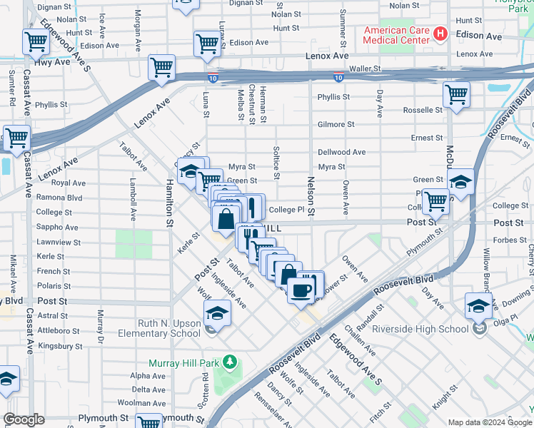 map of restaurants, bars, coffee shops, grocery stores, and more near in Jacksonville