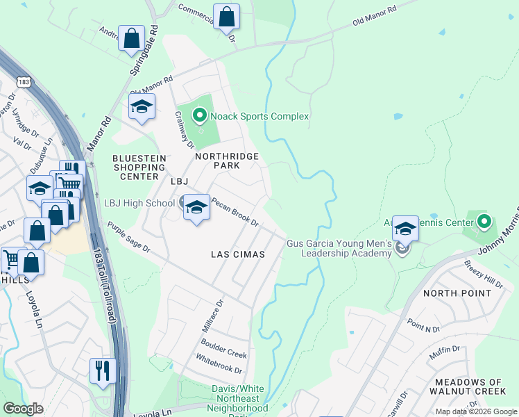 map of restaurants, bars, coffee shops, grocery stores, and more near 7601 Crystalbrook West in Austin