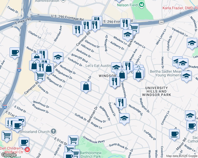 map of restaurants, bars, coffee shops, grocery stores, and more near 1511 Braes Ridge Drive in Austin