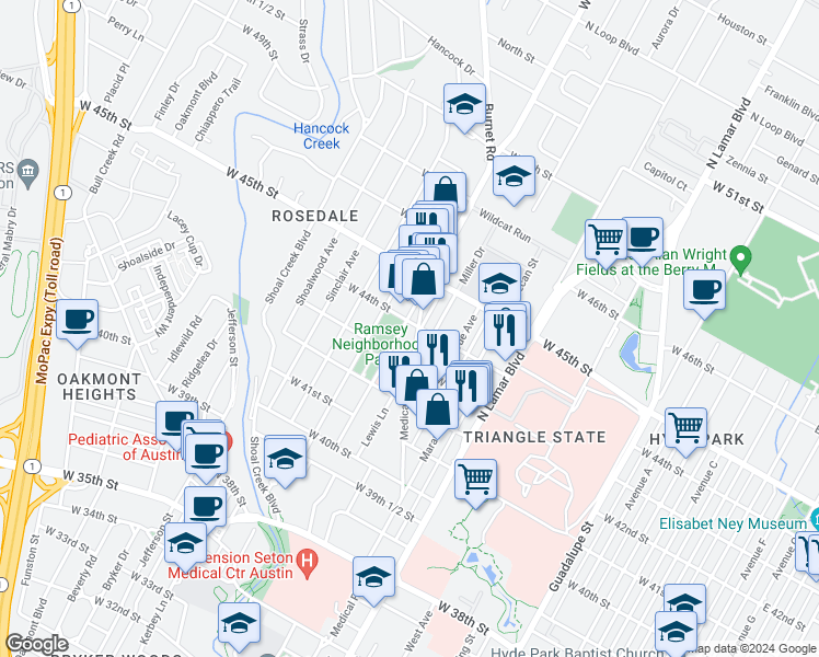 map of restaurants, bars, coffee shops, grocery stores, and more near 4310 Medical Parkway in Austin