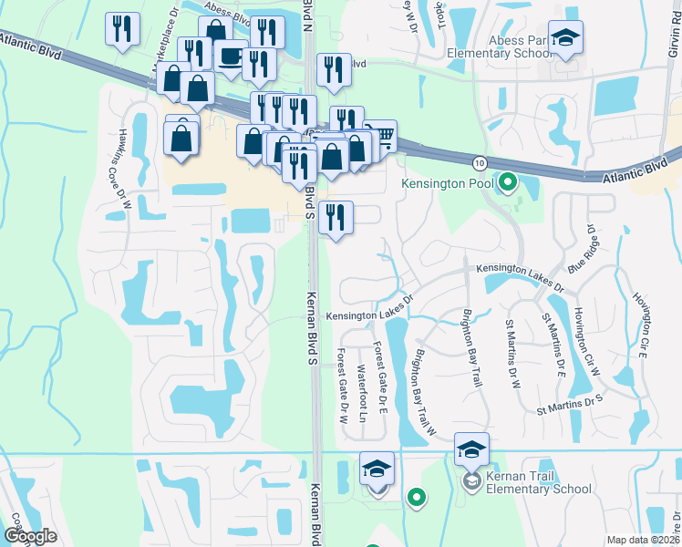 map of restaurants, bars, coffee shops, grocery stores, and more near 12311 Kensington Lakes Drive in Jacksonville