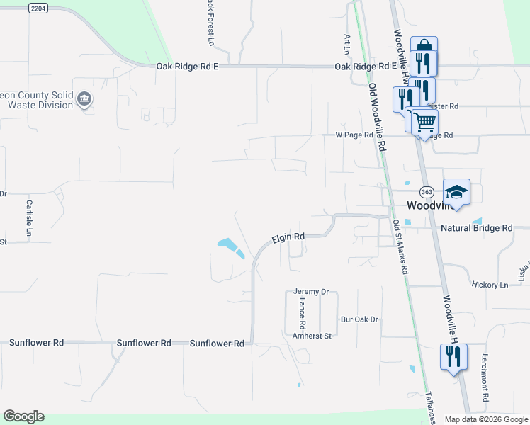 map of restaurants, bars, coffee shops, grocery stores, and more near 9534 Elgin Road in Tallahassee