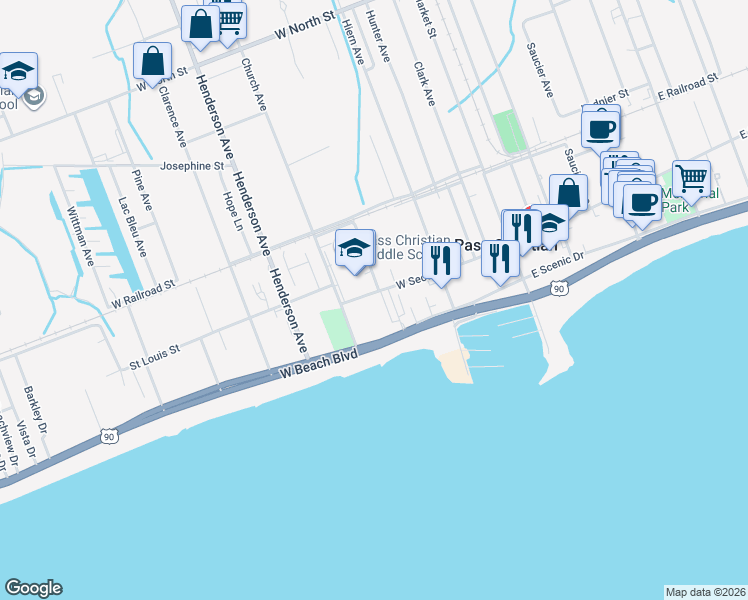 map of restaurants, bars, coffee shops, grocery stores, and more near 236 W Beach Blvd in Pass Christian