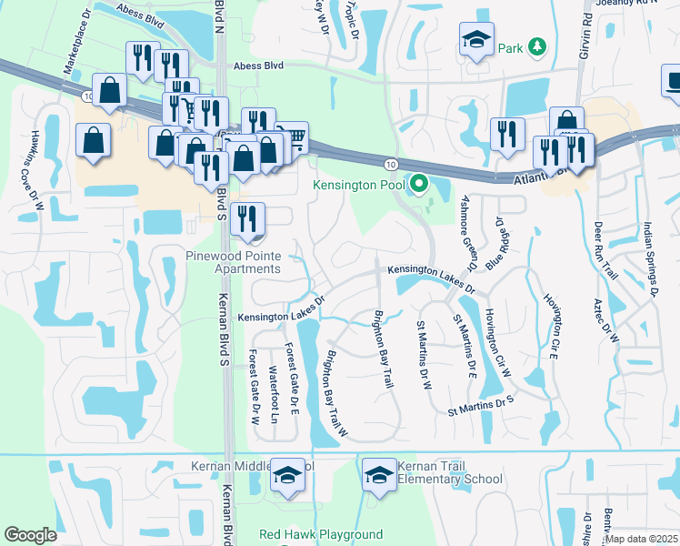 map of restaurants, bars, coffee shops, grocery stores, and more near 12340 Burgess Hill Circle South in Jacksonville